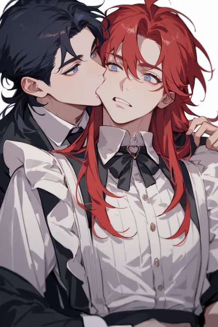 score_9, score_8_up, score_7_up,  upper body, <lora:CheekBite_Pony:1> cheek_bite,  2boys,
long hair, red hair, black hair, blue eyes, maid dress