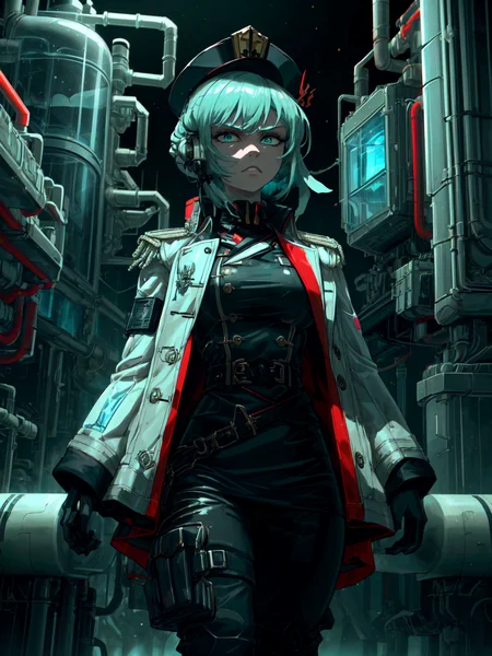best quality,<lora:add_detail:0.3>, (1girl, solo, adult female, mature female), <lora:detailed_eyes:1>, <lora:concept_goodHands:1>, ice blue eyes, green hair, graduated bob haircut,
 <lora:style_pastTech_(plasttech--synthetic--scifi):0.9>, plasttech, synthetic, scifi, 
<lora:concept_changeACharacter_AnimeOfficer_(OfficerA):0.8>, OfficerA, hat, plasttech military uniform, serious face, stern face, plasttech castle background, blue sky, trench coat, pants,  tight clothes, gloves