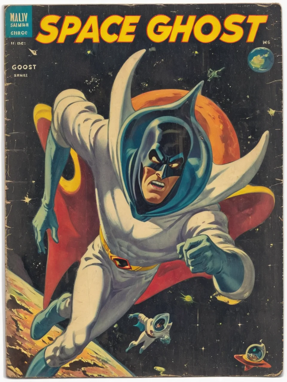 1950s vintage scifi comic book cover of space ghost <lora:Wiz-VintageComicBookCover_v01:1>,
(title says "SPACE GHOST" text logo:1.5)