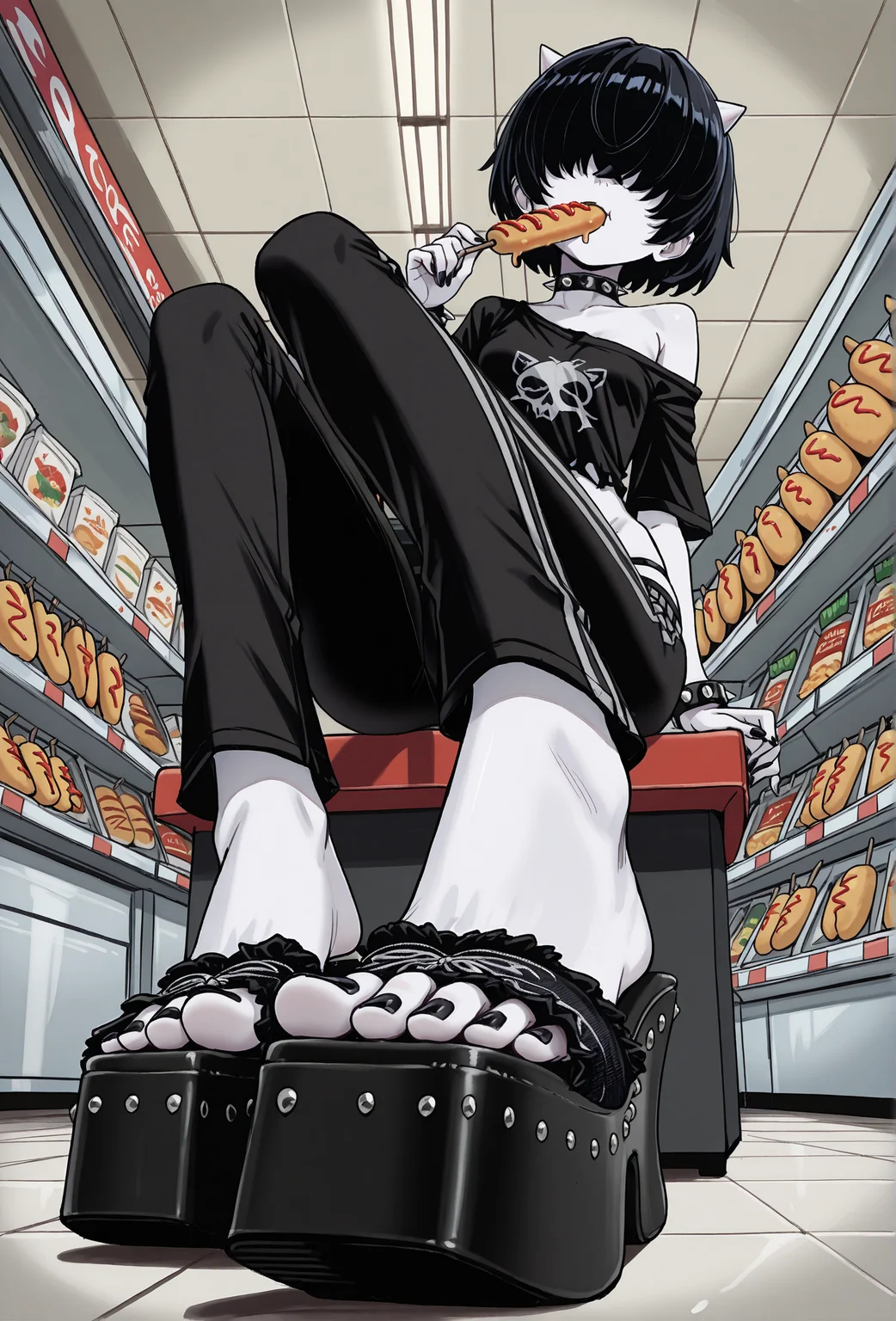 masterpiece, best quality,
(torn shirt),
(low angle:1.2), foreshortening,
from side,
feet, toes, perfect feet, 5 toes, (detailed feet),
(black toenail polish:1.1),
(aiermei sandals), foot focus, black footwear, (platform footwear:1.1),
short hair, (hair over eyes:1.2), black hair,
nsfw, 1girl,
spike choker, spike bracelets,
expressionless,
(goth:1.2),
(pale skin:1.2), (white skin:1.1),
cuteness fang, (small white cone horns),
medium breasts, petite, (narrow hips:1.2),
(thin legs:1.15), (skinny legs:1.15), (slender legs:1.1), (slender torso:1.2),
oversized shirt, off shoulder shirt, (very loose shirt:1.2),
(capri pants:1.1), sweatpants, (loose pants:1.1), (lowleg:1.2), groin,
shopping mall food court, sitting on a table, bright background, busy background,
(eating a corndog),