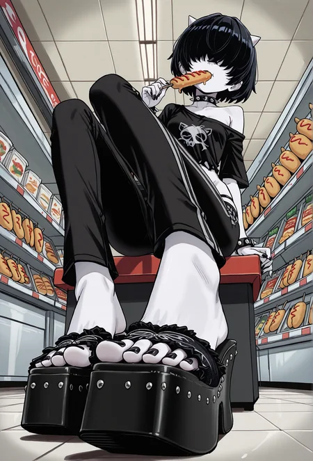 masterpiece, best quality,
(torn shirt),
(low angle:1.2), foreshortening,
from side,
feet, toes, perfect feet, 5 toes, (detailed feet),
(black toenail polish:1.1),
(aiermei sandals), foot focus, black footwear, (platform footwear:1.1),
short hair, (hair over eyes:1.2), black hair,
nsfw, 1girl,
spike choker, spike bracelets,
expressionless,
(goth:1.2),
(pale skin:1.2), (white skin:1.1),
cuteness fang, (small white cone horns),
medium breasts, petite, (narrow hips:1.2),
(thin legs:1.15), (skinny legs:1.15), (slender legs:1.1), (slender torso:1.2),
oversized shirt, off shoulder shirt, (very loose shirt:1.2),
(capri pants:1.1), sweatpants, (loose pants:1.1), (lowleg:1.2), groin,
shopping mall food court, sitting on a table, bright background, busy background,
(eating a corndog),