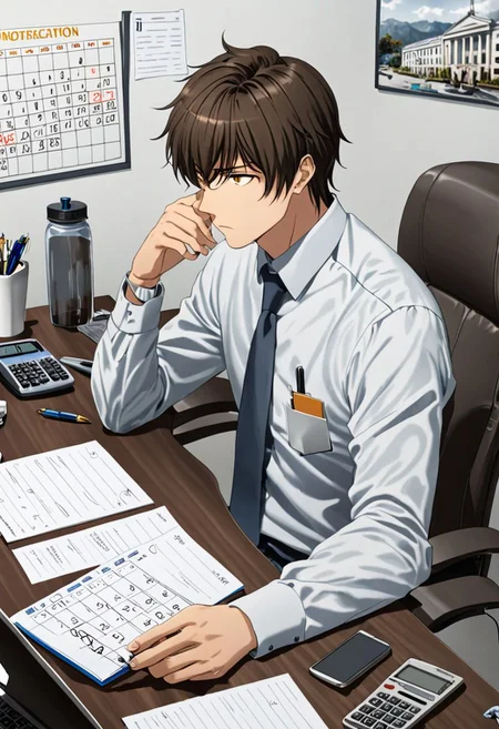 Highres, Masterpiece, High Quality, 4K, 8K, solo, 1Boy, Seiya Kanie, short dark brown hair, golden eyes, worker, working, office space, office desk, white wall, carpet floor, office chair, sitting, concentration, focus, think, fidget, pen, notepad, laptop, coffee, water bottle, document, calendar, calculator, wall clock, easynegative, detailed_eye_model