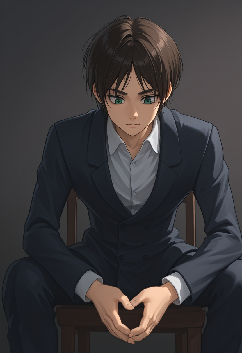 (masterpiece, high quality, amazing detail), highres, 1boy, eren yeager, sitting, looking down, close mouth, chair, indoor, <lora:Kurapika_is_now_drowning_in_an_indescribable_emptiness-000005:1>