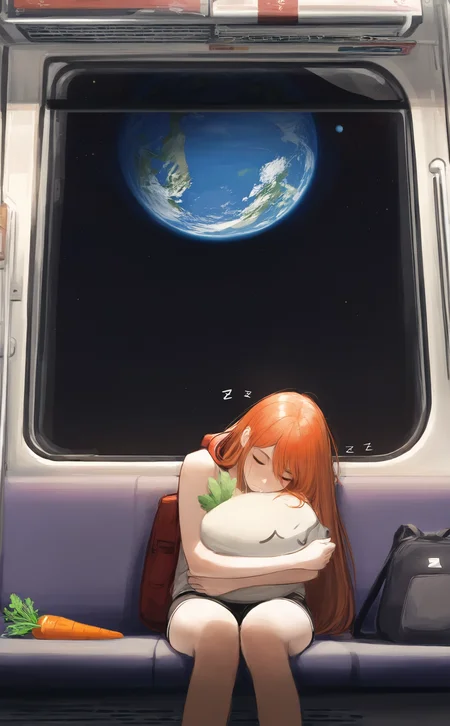 masterpiece, best quality, amazing quality, high quality, highres, 1girl, solo, long hair, sitting, closed eyes, red hair, shorts, star \(symbol\), bag, orange hair, english text, black shorts, backpack, sleeping, star \(sky\), drooling, hugging object, space, carrot, planet, zzz, train interior, earth \(planet\), sleeping upright <lora:noobai_ep11_stabilizer_v0.138_fp16:0.3> <lora:nhl-004:0.6> <lora:GWZS-IL:0.7>