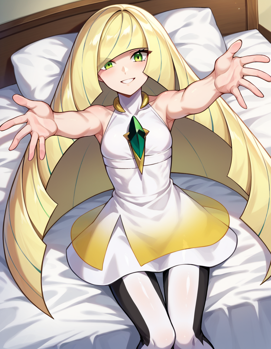 score_9, score_8_up, score_7_up, source_anime,
pokemonlusamine, <lora:pokemon-lusamine-ponyxl-lora-nochekaiser:1>
pokemonlusamine, blonde hair, green eyes, hair over one eye, long hair, multicolored hair, streaked hair, very long hair, smile,
bare arms, diamond \(shape\), dress, gem, green gemstone, leggings, short dress, sleeveless, sleeveless dress, white dress, white leggings,
indoors, bed, bed room, on back, arm support, arms up, incoming hug, pov, reaching, reaching towards viewer,
looking at viewer, dutch angle, cowboy shot,