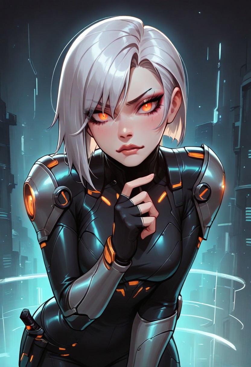 masterpiece, best quality, 1girl, solo, cute, eyelashes, (beautiful eyes), beautiful lips, 
,,,
upper body, leaning forward, portrait, 
1girl, solo, short silver hair, asymmetrical cut, amber eyes, stern expression, minimal makeup, sleek black bodysuit with metallic accents, armored shoulder pads, thigh-high boots, fingerless gloves, futuristic dagger in hand, standing on a high-tech platform overlooking a sci-fi city, glowing blue holographic lights, cybernetic aesthetic, full body, cold and intense atmosphere, sinozick.