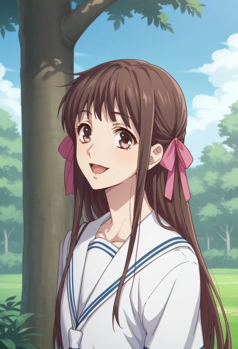 score_8_up, score_7_up, source_anime, highly detailed,
1girl, solo, school uniform, brown hair, long hair, brown eyes, ribbon, smile, serafuku, hair ribbon, upper body, open mouth
outdoor, sky, tree