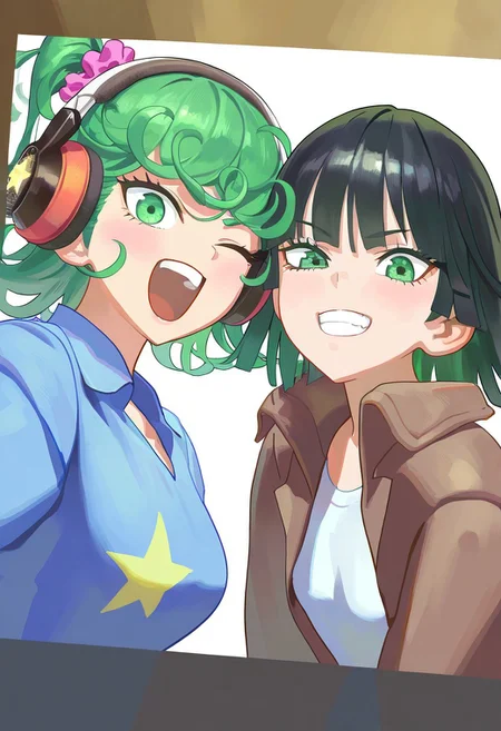 masterpiece, best quality, very aesthetic, high resolution, ultra-detailed, absurdres, newest, extremely detailed eyes, beautiful, perfect lighting, hi res, amazing quality, very awa, Brightly Lit, Highly Visible, 8k, sharp focus, beautiful, perfect lighting, volumetric lighting, scenery, painting_(artwork), PSTL_ST, long hair, looking at viewer, smile, open mouth, bangs, multiple girls, simple background, green hair, shirt, hair ornament, long sleeves, white background, 2girls, green eyes, jacket, upper body, one eye closed, star \(symbol\), grin, side ponytail, coat, v, siblings, headphones, scrunchie, blue shirt, pointing, sisters, hair scrunchie, twins, star print, print shirt, large breast, tatsumaki, fubuki (one punch man), black hair