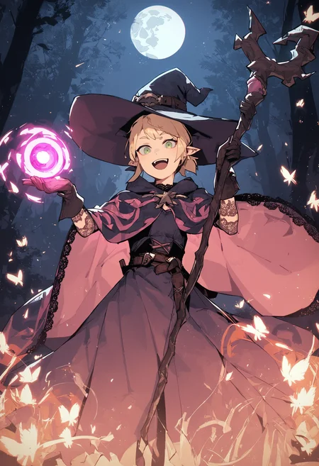 score_9, score_8_up, score_7_up,
1girl, pointed ears, blonde, green eyes, flat breasts, short bang ponytail,
holding staff, witch clothes, pink silk robe, lace sleeves, witch hat,
forest, flying fireflies, night, moon, stars,
smile, looking at viewer, open mouth, gloves , casting spell,
front view,
<lora:Gogalking_-_style:0.8>, gogalking,