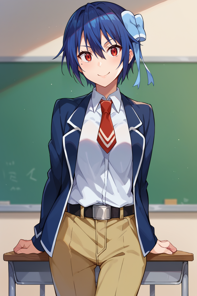 score_9, score_8_up, score_7_up, score_6_up, source_anime, 1girl BREAK <lora:tsugumi-pdxl-nvwls-v1-000006:1> tsugumi seishirou, mole under eye, blue hair, short hair, hair bow, blue jacket, white shirt, collared shirt, red necktie, belt, brown pants, looking at you, classroom, smile, medium breasts