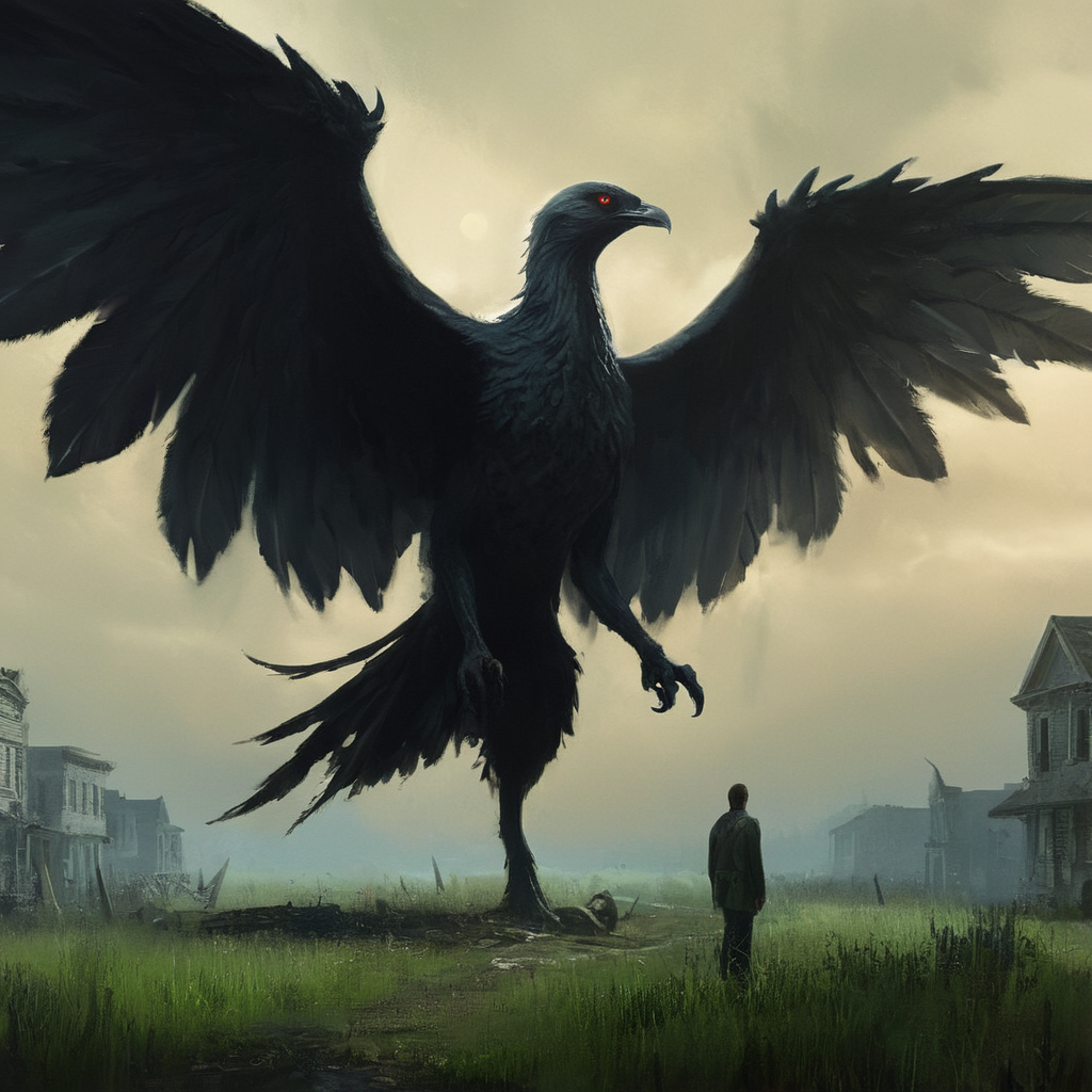 Horror-themed,  <lora:perfection style:0.6>
 <lora:Chiaroscuro Lighting Style:0.6>
 <lora:carcosa city style v2:0.9>
In an ancient and mysterious world a painting of a creepy monster with a bird wing,solo,outdoors,wings,horns,sky,no humans,grass,monster , detailed, real, different, unique, cinematic, dramatic, concept art, filmic, detailed background, detailed settings, artstation, carcosa city style, Eerie, unsettling, dark, spooky, suspenseful, grim, highly detailed