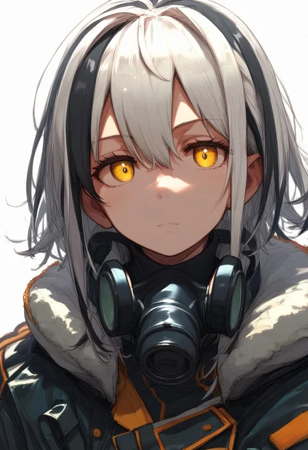 PonyScores7, source_anime, hi res, masterpiece, best quality, highres, Majo_PS, 1girl, mask around neck, magallan (arknights), streaked hair, white background, multicolored hair, looking at viewer, simple background, black hair, upper body, hair between eyes, yellow eyes, white hair, respirator, coat, gas mask, jacket