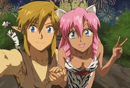 Pink_DragonPink, 1girl, sleeveless dress, white tiger print dress, pelvic curtain, cleavage, white tiger tail, red sash, small breasts, leather shoes, masterpiece, very aesthetic, cute expression <lora:pink-illustrious:1>, 
Break
(anime, anime coloring:1.3),1boy,Anime screencap,link (zelda),blonde hair,blue eyes,pointy ears, wearing blue hyilian tunic, 
Hyrule castle, castle gate, selfie, couple, 1girl,1boy, pose,smile,v,fireworks,stars, holding hands, dragonpink and link upper bodies in frame, smiling at each other