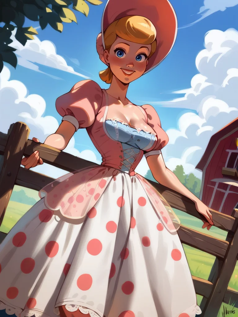 score_9, score_8_up, score_7_up, score_6_up, BobeepXLP, dress, puffy sleeves, bonnet, big skirt, skirt whit polka dot print, short hair,medium breasts, narrow waist, wide hips, thick thighs, looking at viewer, cowboy shot, dynamic pose, smile, cute, wide shot, solo, farm, disney, dutch angle, open clothes, sexually suggestive, breast out, nsfw, 
 <lora:BobeepXLP_character:0.8> <lora:Realistic_2.5DAnime_Merge1:0.5>