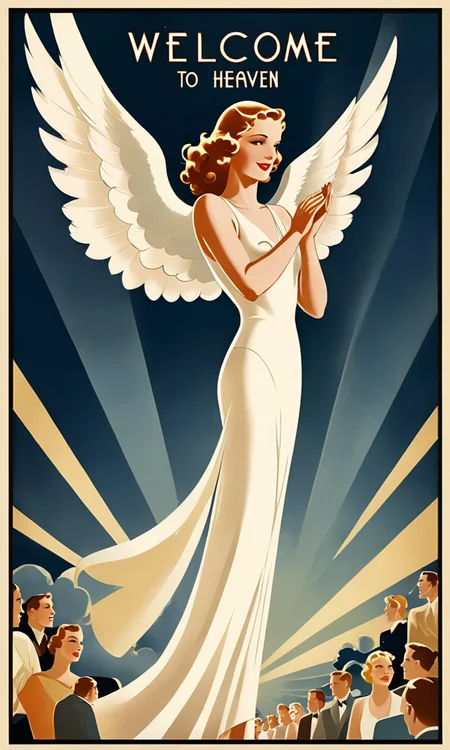 beautiful angel woman, Text:" Welcome to Heaven", <lora:artdecopostsdxl:0.7>, art deco style poster, 1940s ad,