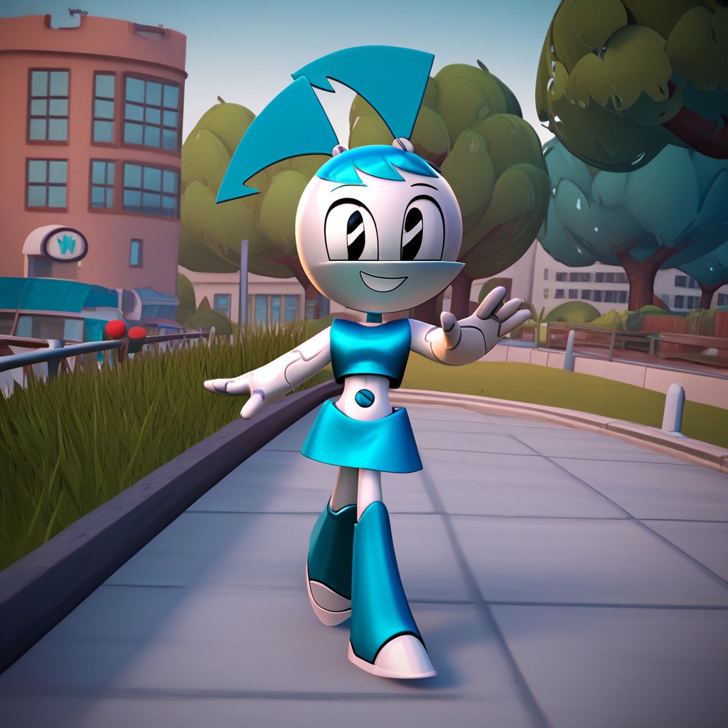 score_10, score_9_up, score_8_up, score_7_up, score_6_up, masterpiece, best quality, perfect cute face, nasbjenny, jenny wakeman, 1girl, solo, 3d, render, metallic, white skin, robot, robot joints, twintails, blue hair, black eyes, blue tank top, bare shoulders, blue navel, blue skirt, blue knee high boots, full body, walking, outdoors, building, trees, waving, open mouth, smile, looking at viewer, cowboy shot