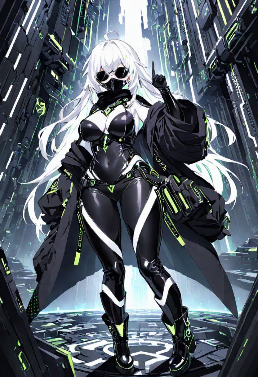 Best quality, masterpiece, sci-fi extremely dim abyss city, one girl with round huge breasts, pointing up, floating, long scarf, jet black long messy hair, overmasked 1.2, black mask covered mouth, bright white eyes, detailed glowing pure white round sunglasses, detailed futuristic glasses, black full bodysuit with belts and pockets, corset, baggy jacket, slim waist, slim belly, tight pants, thick clavicle, thick hips, thick thighs, long boots