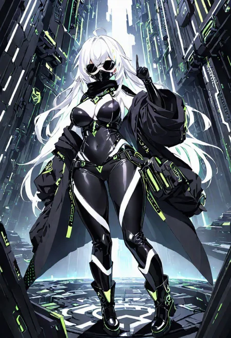 Best quality, masterpiece, sci-fi extremely dim abyss city, one girl with round huge breasts, pointing up, floating, long scarf, jet black long messy hair, overmasked 1.2, black mask covered mouth, bright white eyes, detailed glowing pure white round sunglasses, detailed futuristic glasses, black full bodysuit with belts and pockets, corset, baggy jacket, slim waist, slim belly, tight pants, thick clavicle, thick hips, thick thighs, long boots