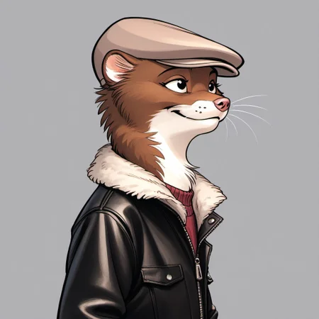 score_9, score_8_up, score_7_up, score_6_up, score_5_up, score_4_up, bedroom background, detailed fur, (((Portrait)))
BREAK
W33kly_BS, Weekly, Anthro Weasel, Lesser Weasel, brown weasel, brown fur, white chin, white neck, white inner ear, black eyebrows, black eyes, pink nose, whiskers, tan hat, flat cap, leather jacket, flight jacket, fleece collar, red sweater, khakis, tan shoes,
BREAK