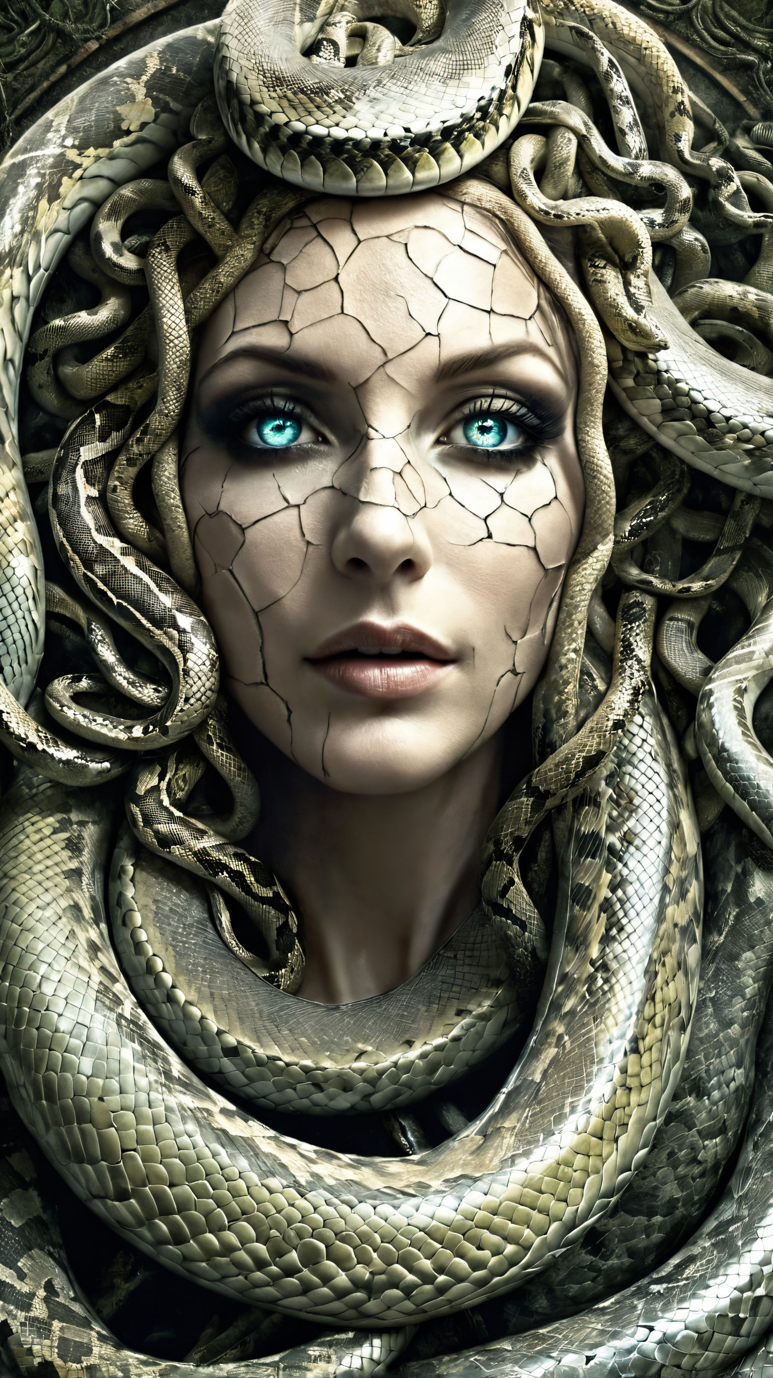 sinister, smiling medusa, (glowing eyes:1. 2), full body, pale white cracked skin, dusty white rock face, horror, chiseled, snakes growing out of her head, (masterpiece, best quality, high quality), hyperdetailed, highres, intricate detail, HDR, 8k, sharp focus, detailed background, perfect hands, realistic eyes, detailed skin texture, subsurface scattering, realistic, temple, dark, photorealistic