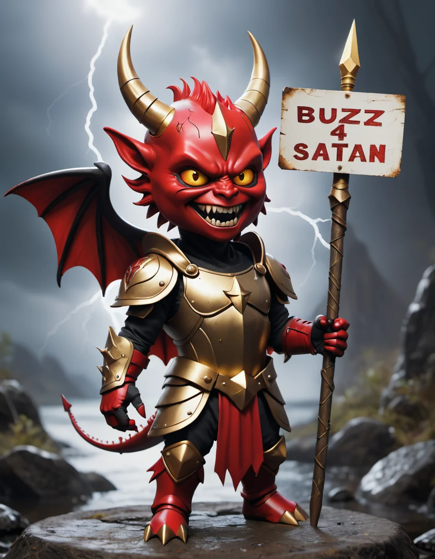 "BUZZ 4 SATAN" text on a sign, lightning bolt symbol, demon_horns, demon_wings, demon_tail, holding_trident, cute, golden_armor <lora:texta:0.9>, red_face, white_fangs, holding a sign