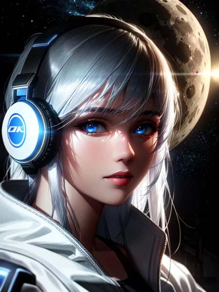 (on the moon, space, looking back into earth), white hair, black tank top, volumetric lighting, white jacket, glowing headphone, cyberpunk, futuristic, multi-color eyes, detailed eyes, hyper detailed,light smile,
highly detailed, beautiful, small details, ultra detailed, best quality, intricate, hyperrealism, sharp, digital illustration, detailed, realism, intricate, 4k, 8k, trending on artstation, good anatomy, beautiful lighting, award-winning, photorealistic, realistic shadows, realistic lighting, beautiful lighting, raytracing, intricate details, moody, rule of thirds, masterpiece, (illustration:1.1), highres, (extremely detailed CG, unity, 8k wallpaper:1.1), beautiful face, highly detailed face, ultra realistic, masterpiece, bokeh, extremely detailed, intricate, zoomout,
colorful, vibrant colors, red nail polish, side view,