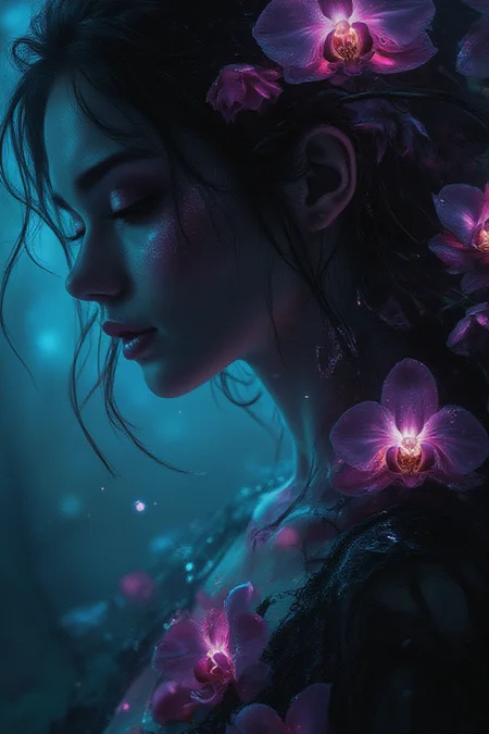 Abstract Lighting Effects, Hyperrealism, Midjourney Style, Photorealism, Cinematic, High Fidelity, Realism, Light Play, chiaroscuro, play of shadow and light, Close-up sketch of an exquisite woman's silhouette, with a play of light and shadows to create a breathtaking portrait, leaning towards ethereal orchids that radiate an ominous luminescence, signifying a mystical bond between the flora and sinister magic, detailed in the manner of artists such as Anders Zorn, Alexi Brillo, Luisa Royo, as well as reminiscent of Studio Ghibli