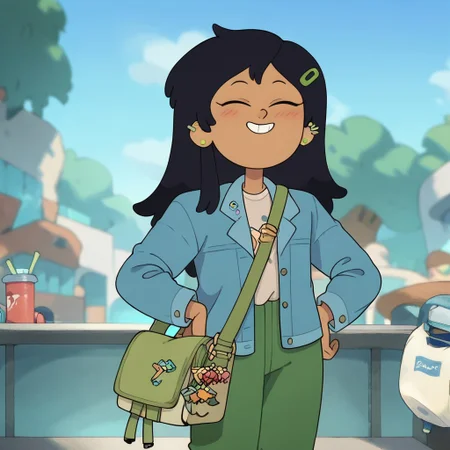 Depth of field.score_9_up, score_8_up, score_7_up, 1girl, Marcy Wu,Long black hair, light blue jackect, green pants, bag, green hairclip, dark-skinned, ear piercing, wide hips, hand on hip, closed eyes, smile,