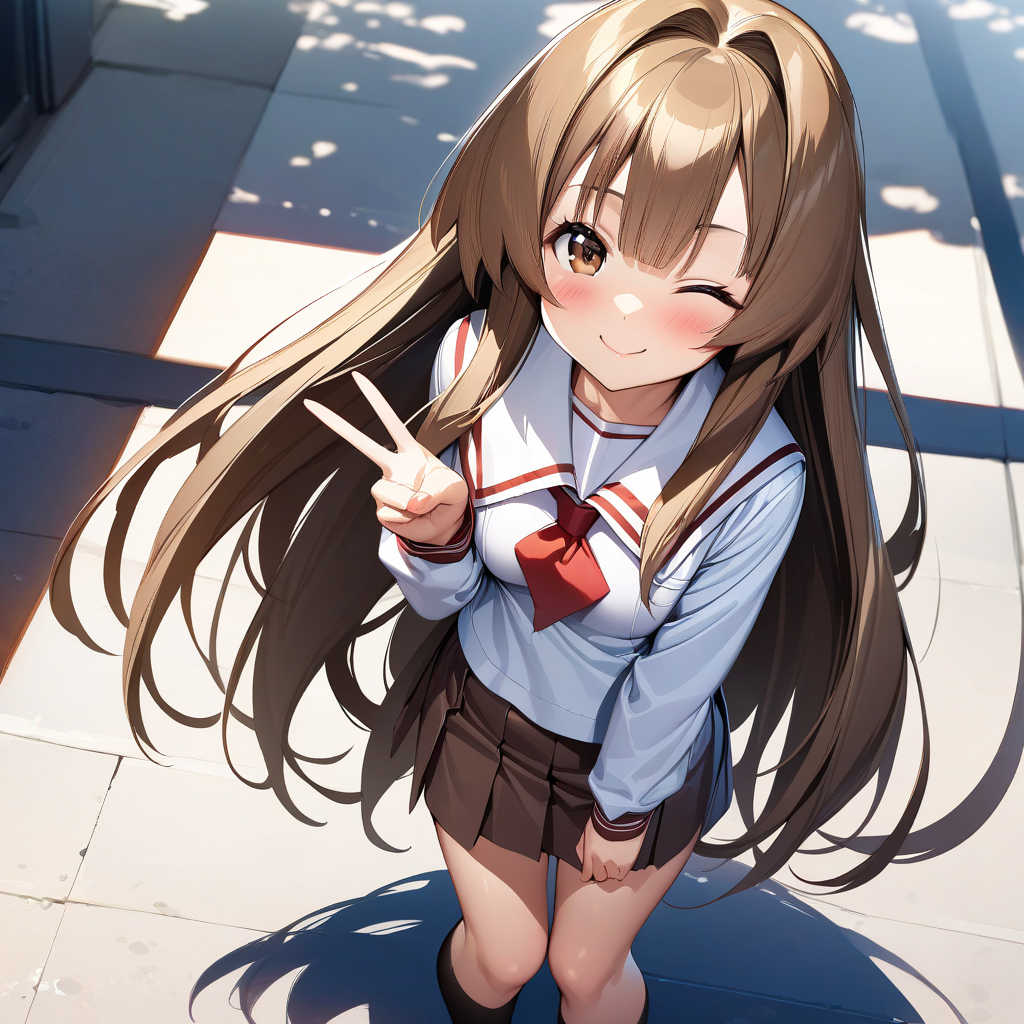 (masterpiece),(best quality),(ultra-detailed),(best illustration),(best shadow),(absurdres),(detailed background),(very aesthetic), seto_sun, 1girl, solo, one eye closed, long hair, school uniform, brown hair, smile, brown eyes, serafuku, v, skirt, blush, looking at viewer, <lora:XL-SetoSun:1>