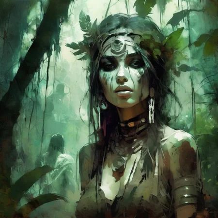 artmix02 sexy shaman girl in the jungle with vegetation and ghosts in the background<lora:artmix02:1>