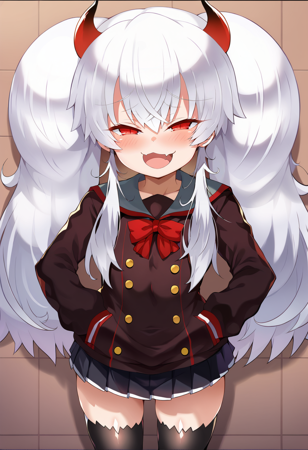 score_9, score_7_up, hd, (ultra hd quality details), source_anime, indoors,
solo, 1girl, dark red eyes,
thick twintails, white hair, long hair,
demon horns,dark red horns,demon tail, demon wings, red tail,
black school uniform,long sleeves,very short skirt, black thighhighs,
looking at viewer, blush, smug, open mouth, fang,
standing,
<lora:_shimejinameko_style-elesico-pony-17:1>   <lora:grim_aloe:0.9>