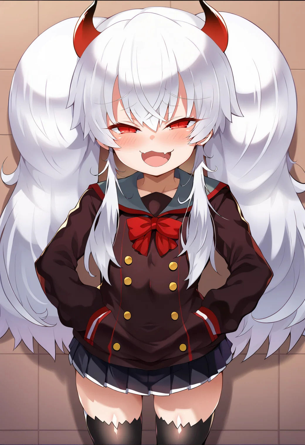 score_9, score_7_up, hd, (ultra hd quality details), source_anime, indoors,
solo, 1girl, dark red eyes,
thick twintails, white hair, long hair,
demon horns,dark red horns,demon tail, demon wings, red tail,
black school uniform,long sleeves,very short skirt, black thighhighs,
looking at viewer, blush, smug, open mouth, fang,
standing,
<lora:_shimejinameko_style-elesico-pony-17:1>   <lora:grim_aloe:0.9>