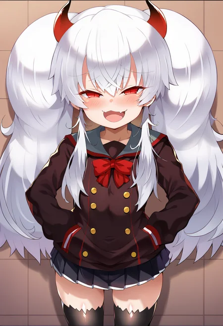 score_9, score_7_up, hd, (ultra hd quality details), source_anime, indoors,
solo, 1girl, dark red eyes,
thick twintails, white hair, long hair,
demon horns,dark red horns,demon tail, demon wings, red tail,
black school uniform,long sleeves,very short skirt, black thighhighs,
looking at viewer, blush, smug, open mouth, fang,
standing,
<lora:_shimejinameko_style-elesico-pony-17:1> <lora:grim_aloe:0.9>