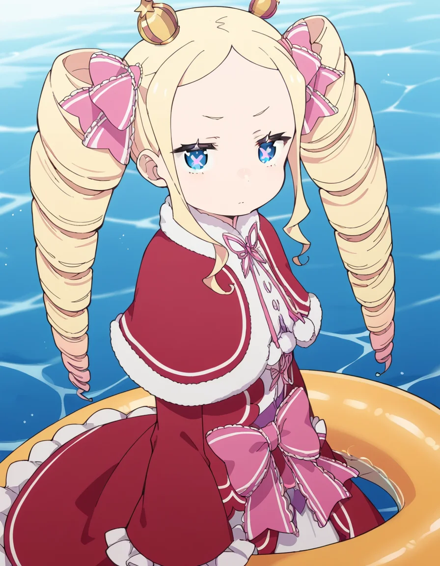 score_9, score_8_up, score_7_up, source_anime, <lora:rezero-beatrice-s3-p1-ponyxl-lora-nochekaiser:1>, beatrice, long hair, blue eyes, blonde hair, twintails, hair ribbon, sidelocks, symbol-shaped pupils, drill hair, twin drills,, dress, ribbon, fur trim, capelet, crown, mini crown, red capelet, frills, bowtie,, pool, water, lifeguard, swim lane, float, , from side, looking at viewer, solo,, dutch angle, cowboy shot