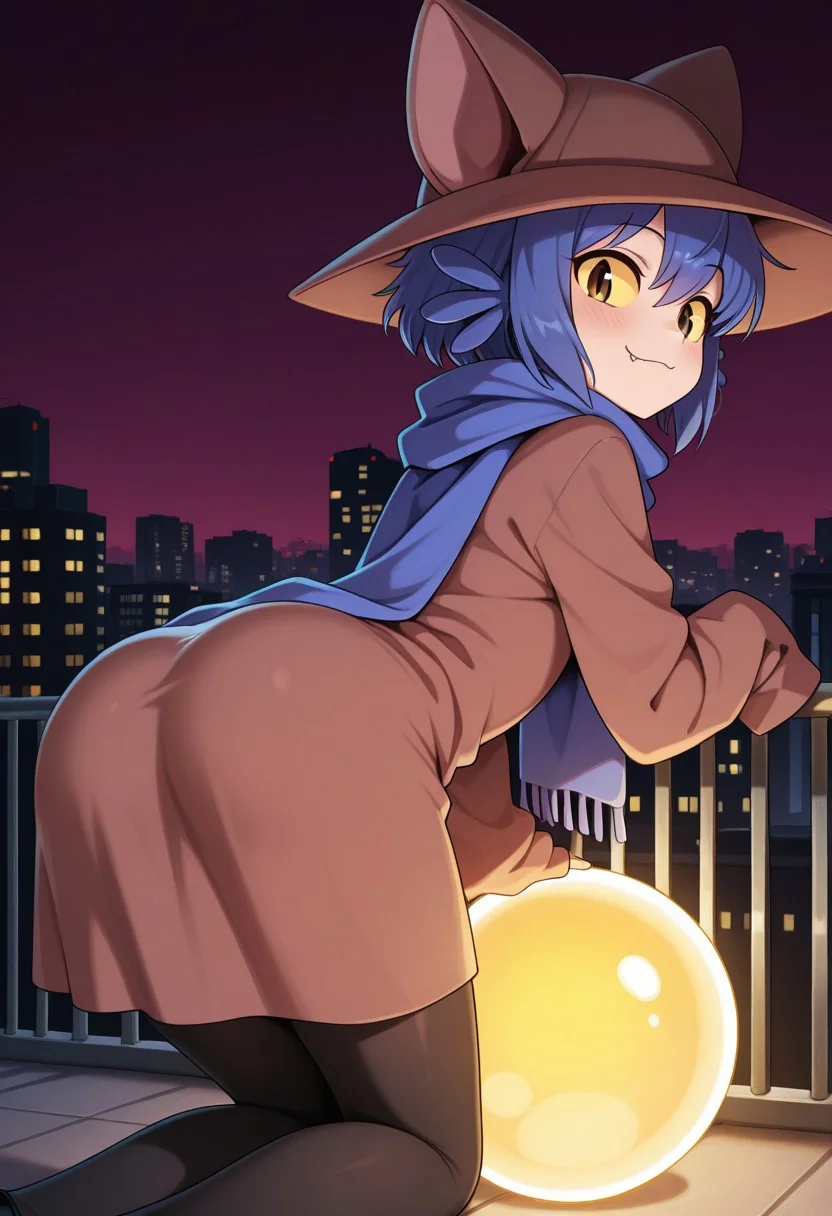 score_9, score_8_up, score_7_up, score_9, masterpiece, amazing quality, best quality, high quality, very aesthetic, cniko, blue hair, short hair, hair between eyes,whiskers, cat hat, yellow sclera, brown eyes, slit pupils, blue scarf, long scarh, brown dress, long sleeves, sleeves past wrists, black legwear, solo, yellow round light orb on ground, fang out, smug, amaranth lighting, city skyscrapers on background, roof, railing, arm support, rear view, bent forward, looking forward, facing forward, dark pink clear sky,