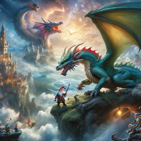 Fujifilm quality photograph (best quality)++, (masterpiece)++, (detailed)+, elf on the shelf fighting a Dragon, (fantasy illustration)1.3, enchanting Dragon battle elf on the shelf, mystical battle, (many gnomes battling)1.4 (whimsical charm).4 Otherworldly charm, mystical sky, (Luis Royo)1.2, (Yoshitaka Amano)1.1, moonlit night, soft colors, (detailed cloudscape)1.3, (high-resolution)1.2 (gnomes  battling everywhere)1.2 , <lora:DonM3t3rn1tyXL-v1.1:0.3> DonM3t3rn1tyXL <lora:DonMD1g174l4sc3nc10nXL:0.3> DonMD1g174l4sc3nc10nXL  <lora:Dragons:0.8> dragon  <lora:EnvyMagicalXL01:0.3> magical <lora:FantasyLandscape:0.8> FanLan