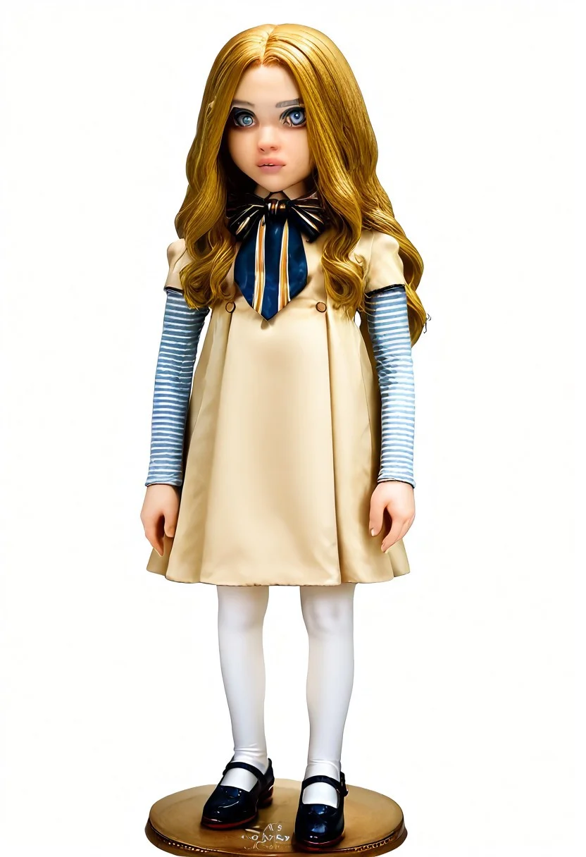 (score_9, score_8_up:1.1), score_7_up, (((realistic, photorealistic))),, Stapspats(hisui), 1girl, solo, full body, figure, three-quarter angle, dramatic angle, medium breast, vivid lighting white trim, white background, flat ground, full body, shortstack , m3gandoll, doll, long hair, blue eyes, blonde hair, forehead, dress, striped sleeves, big bowtie, multicolored bowtie, white pantyhose, pantyhose, shoes, mary janes,