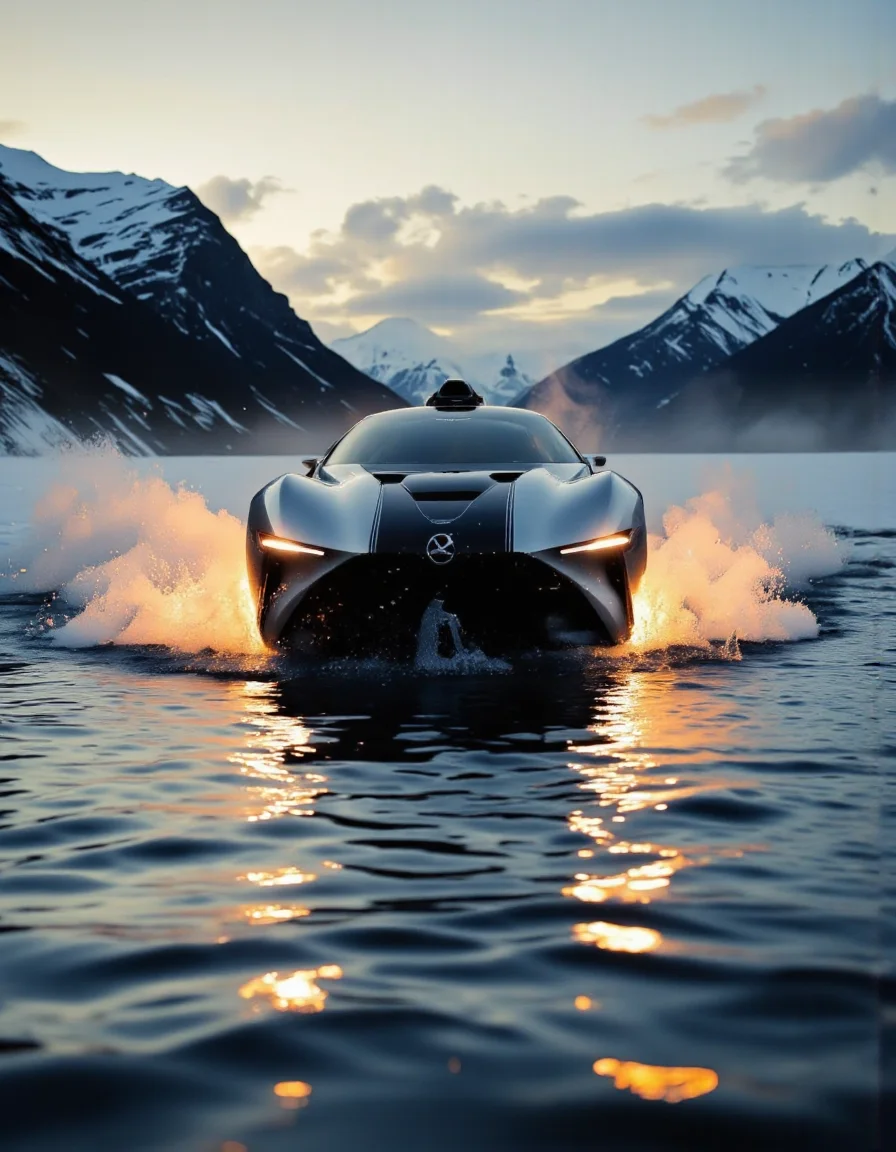futuristic design. A photo-realistic shoot from a front camera angle about a futuristic car driving through a mountainous landscape during sunset. the image also shows a serene, mountainous landscape with snow-capped mountains in the background. on the middle of the image, a silver, futuristic car with a sleek, aerodynamic design is seen from the front, with its headlights glowing brightly. the car is positioned in the center of the frame, with the water rippling around it, creating a sense of movement and energy. it appears to be a self-driving car, with a camera mounted on the roof, and its headlights are turned on, giving it a futuristic look. the sky is cloudy, and the overall atmosphere is one of serenity and adventure.
