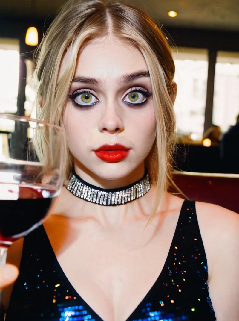 analog photograph of 1girl looking like Betsy_Jones_P_MXAI_SDXL , shy expression, wearing a sequin dress, wearing a diamond choker, red lips, dramatic makeup, sitting in a restaurant, holding a glass of wine, medium closeup shot, filmgrain