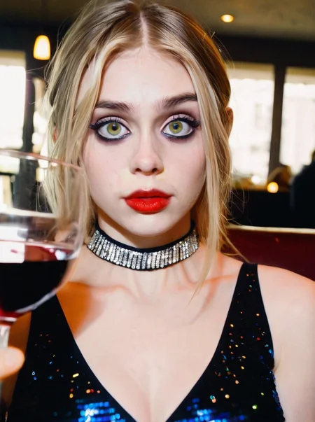 analog photograph of 1girl looking like Betsy_Jones_P_MXAI_SDXL , shy expression, wearing a sequin dress, wearing a diamond choker, red lips, dramatic makeup, sitting in a restaurant, holding a glass of wine, medium closeup shot, filmgrain