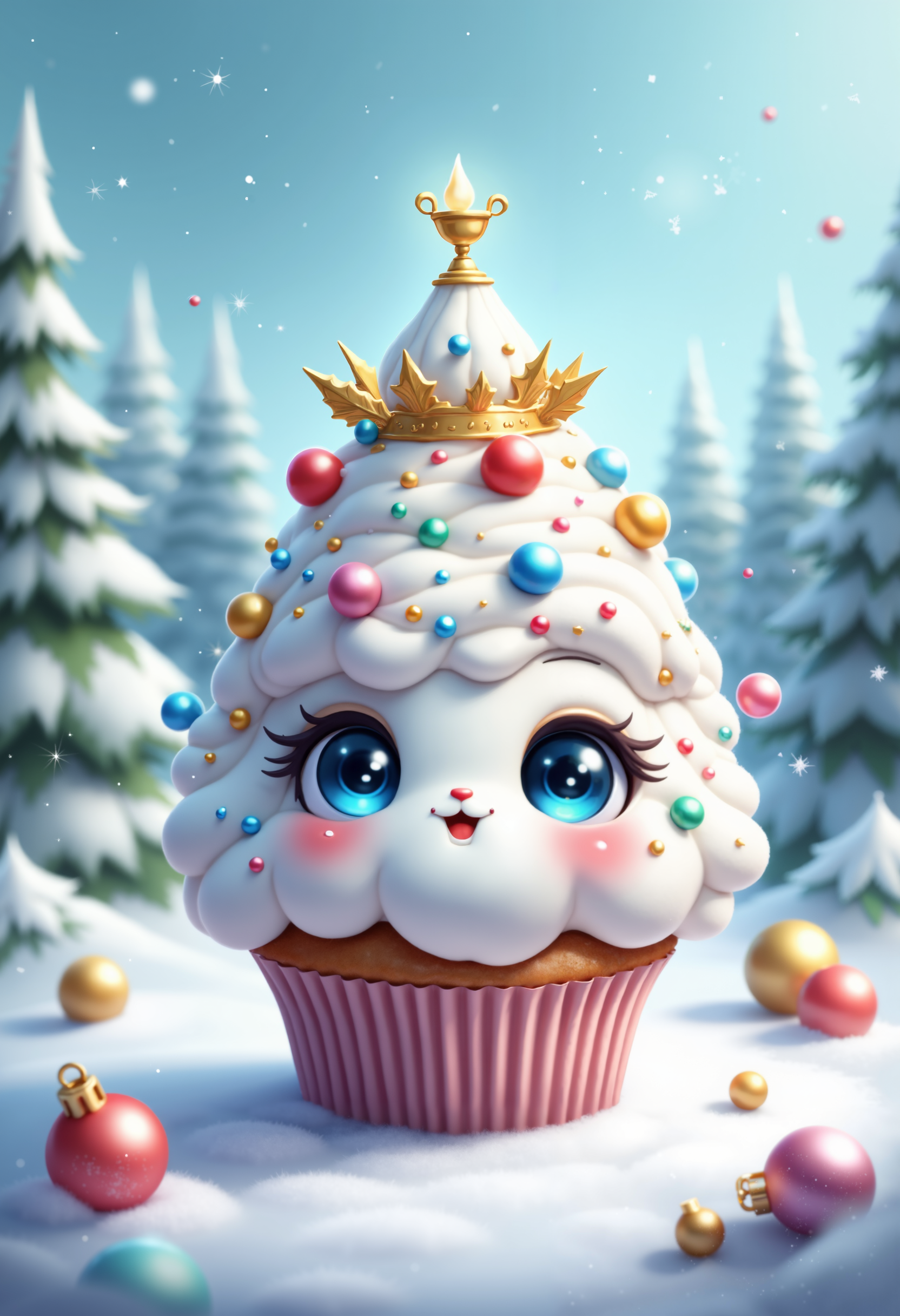 bo-christmas, christmas mood, a digital illustration in a whimsical, fantasy style, it features a small, fluffy cupcake with a cute, anthropomorphic face and large, expressive blue eyes, the cupcake is decorated with a festive christmas tree-like design, featuring white frosting, colorful pom-poms, and a golden crown adorned with leaves and a small golden candlestand, the background is a winter wonderland with snow-covered pine trees, creating a serene yet magical atmosphere, the sky is a gradient of blue and white, with snowflakes gently falling, adding to the ethereal feel, the ground is covered in a soft, white snow, and there are several golden and pink ornaments scattered around the scene, the overall color palette is dominated by whites, blues, and golds, enhancing the festive and magical theme, the texture of the illustration is smooth and polished, with a soft focus on the whimsical cupcake and its decorations, high quality, ultra detailed, colorful, abstract, fantasy.<lora:Flux\boFLUX Christmas Dreams.safetensors:1.0:1.0>