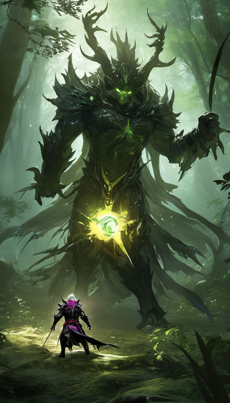 Cinematic scene, hero view, a  mage who has been cursed by a dark spell must navigate through a treacherous forest filled with deadly creatures in order to find a way to break the curse and regain his powers, action pose, masterpiece, best quality, high quality, highres, absurdres, vivid, Guild Wars 2 <lora:guild_wars_xl_v4:1>
