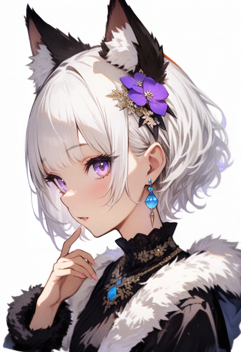 masterpiece, best quality, <lora:RECXL_ANI31_lokr_V43P1NF:0.95>  1girl, animal ears, solo, jewelry, earrings, hair ornament, white background, short hair, white hair, simple background, hair flower, fur trim, looking at viewer, flower, portrait, cat ears, blunt bangs, parted lips, necklace, hand up, upper body, animal ear fluff, long sleeves, from side, extra ears, eyelashes, purple eyes, cropped shoulders, fingernails