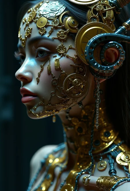 masterpiece, high detail, ArsMJStyle, dnddarkestfantasy, masterpiece, stunning oriental robot woman, made of clockwork cogs, wires and cables, abstract, fractal art. highest definition, HD32K, wallpaper, hyperdetailed, concept art, extreme closeup, side profile