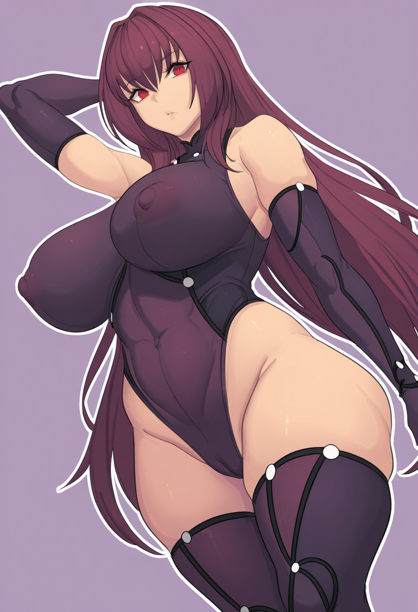 masterpiece, best quality, 
 <lora:metal_owl:1> m3t4l0wl3,
1girl, solo,
Dutch angle,
looking at viewer, 
scathach \(fate\), very long hair, purple hair, red eyes, , huge breasts,
highleg leotard, skindentation, cameltoe, covered nipples, elbow gloves, thighhighs,, 
simple background, Lavender  background, outline,
