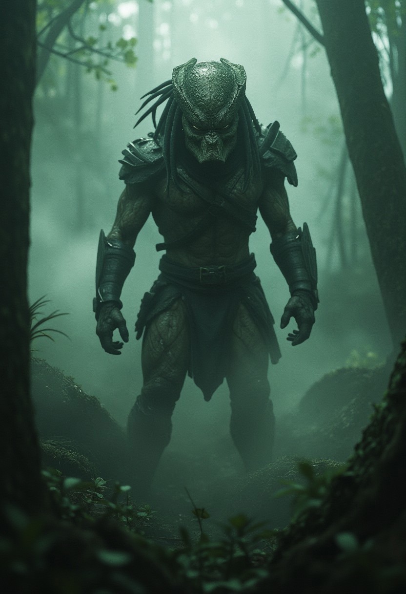 "Predator's Gaze: Shrouded in Mist", full-length in motion, bottom-up view, the fearsome appearance of the iconic hunter from the sophistication of Weta Digital, shrouded in clouds of mysterious smoke in an ancient forest, presented in stunning hyperrealism
Concept art inspired by Gabriele Dell'otto,