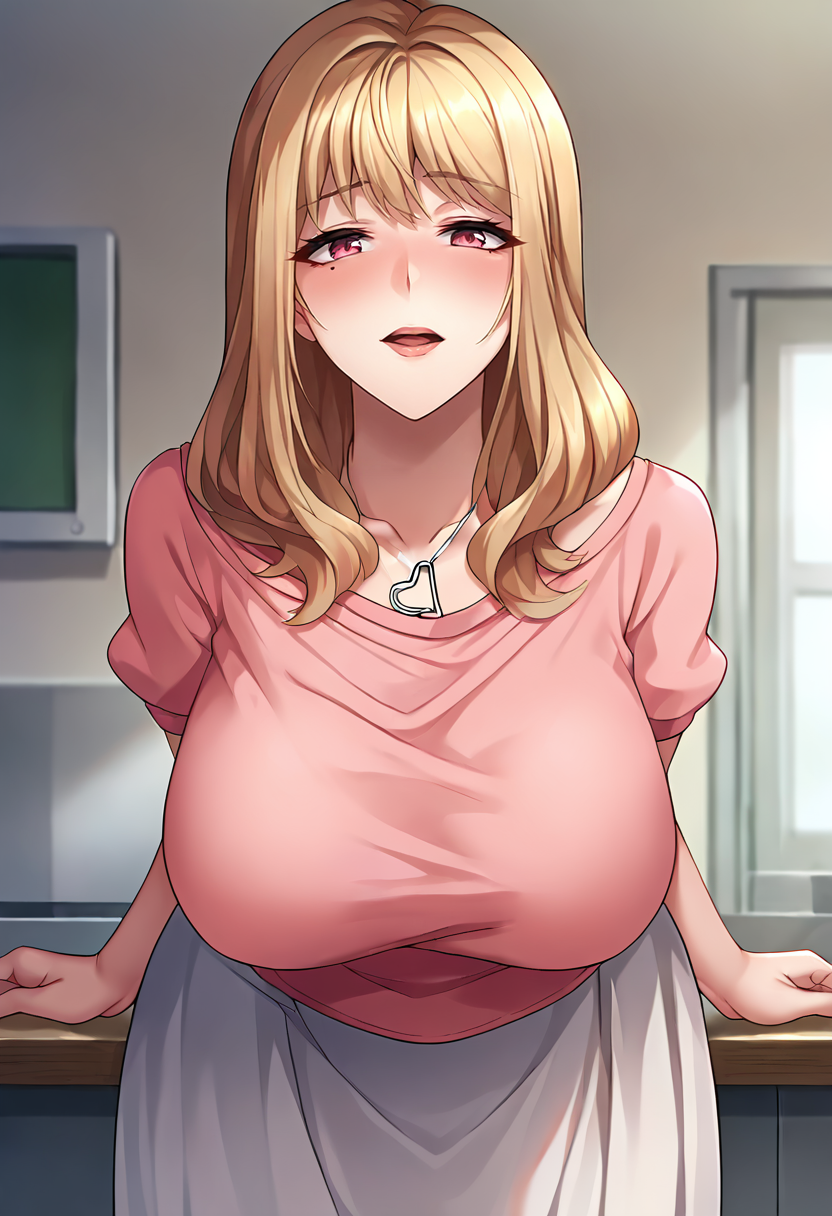 score_9, score_8_up, score_7_up, masterpiece, source_anime, 1girl, solo, ct_m4ko, pink eyes,huge breasts, long hair, light pink shirt, puffy short sleeves, heart necklace, long skirt, looking at viewer, indoors, shiny skin, cowboy shot, portrait, from below, leaning forward, blush, <lora:Mako_Suzumoto_Pony_ct_ver2:1>