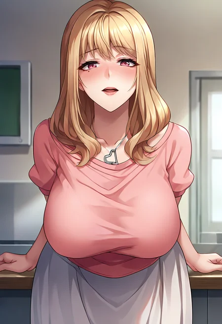 score_9, score_8_up, score_7_up, masterpiece, source_anime, 1girl, solo, ct_m4ko, pink eyes,huge breasts, long hair, light pink shirt, puffy short sleeves, heart necklace, long skirt, looking at viewer, indoors, shiny skin, cowboy shot, portrait, from below, leaning forward, blush, <lora:Mako_Suzumoto_Pony_ct_ver2:1>