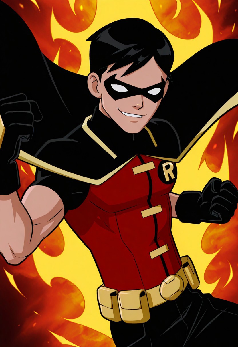 Justice_Robin,1boy,solo,male focus,black hair,short hair,domino mask,no pupils,black cape,red vest,black gloves,yellow utility belt,superhero,black pants,upper body,smile,action pose,smirk,fire background