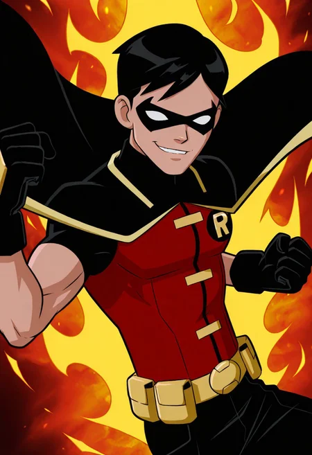 Justice_Robin,1boy,solo,male focus,black hair,short hair,domino mask,no pupils,black cape,red vest,black gloves,yellow utility belt,superhero,black pants,upper body,smile,action pose,smirk,fire background